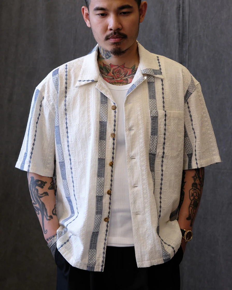 Blue Jacquard Stripe Cuban Collar Shirt – Cotton - Image 2