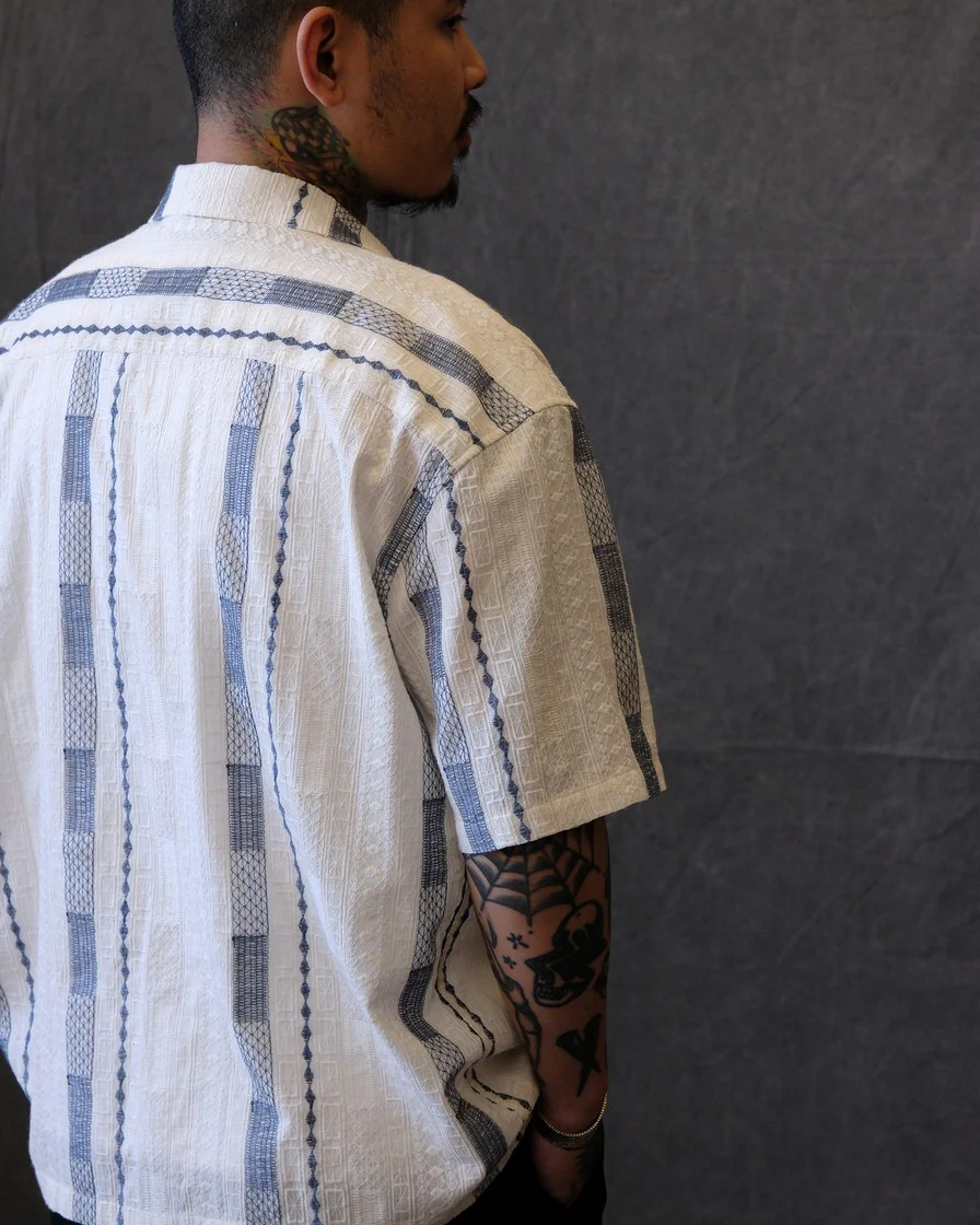 Blue Jacquard Stripe Cuban Collar Shirt – Cotton - Image 3