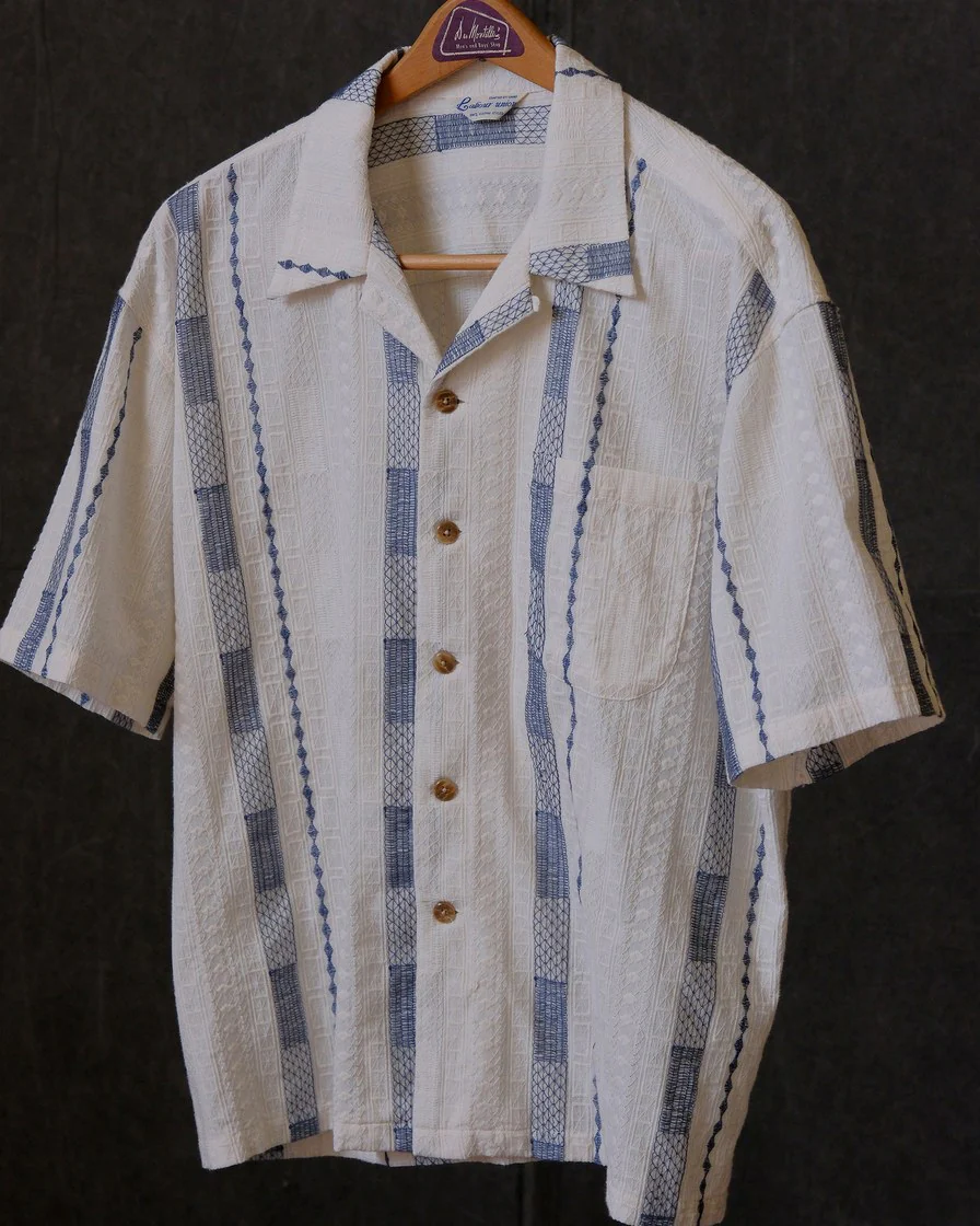 Blue Jacquard Stripe Cuban Collar Shirt – Cotton - Image 5