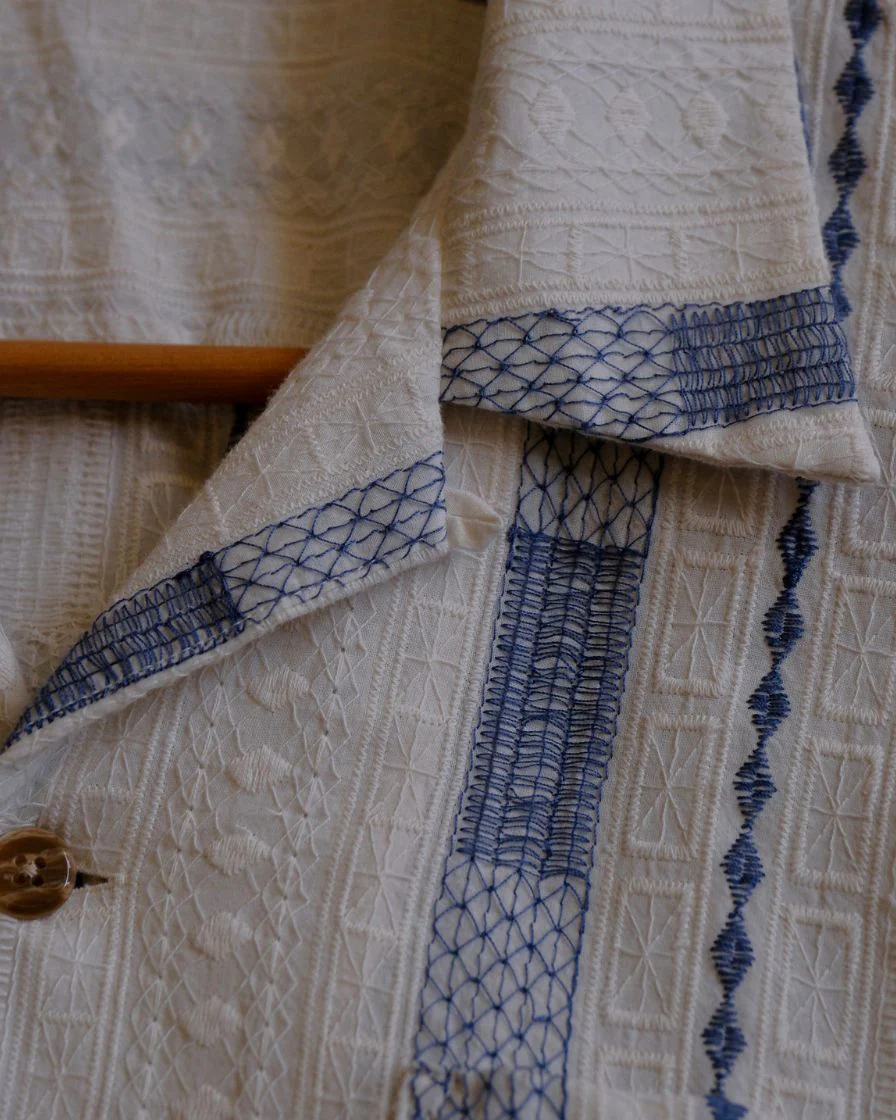 Blue Jacquard Stripe Cuban Collar Shirt – Cotton - Image 7