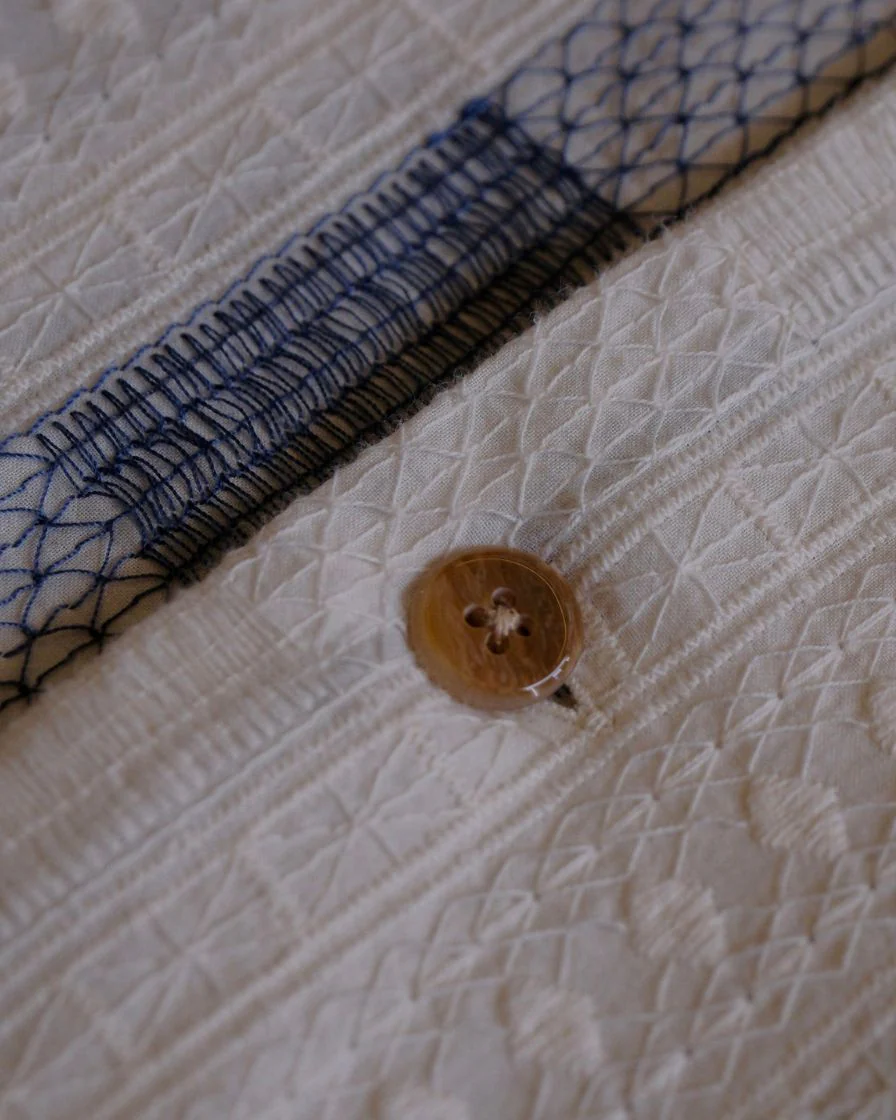 Blue Jacquard Stripe Cuban Collar Shirt – Cotton - Image 8