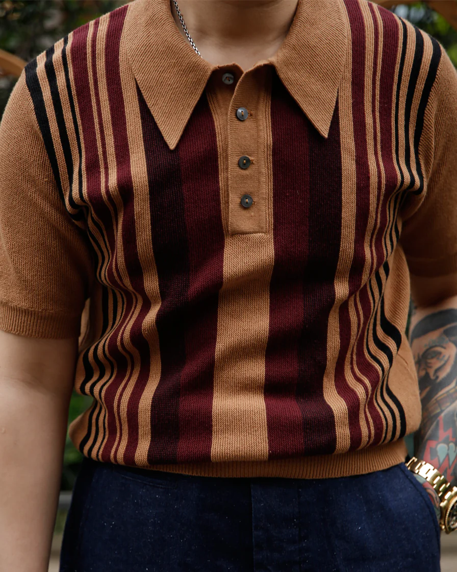 Camel Striped Knit Polo Shirt - Image 3