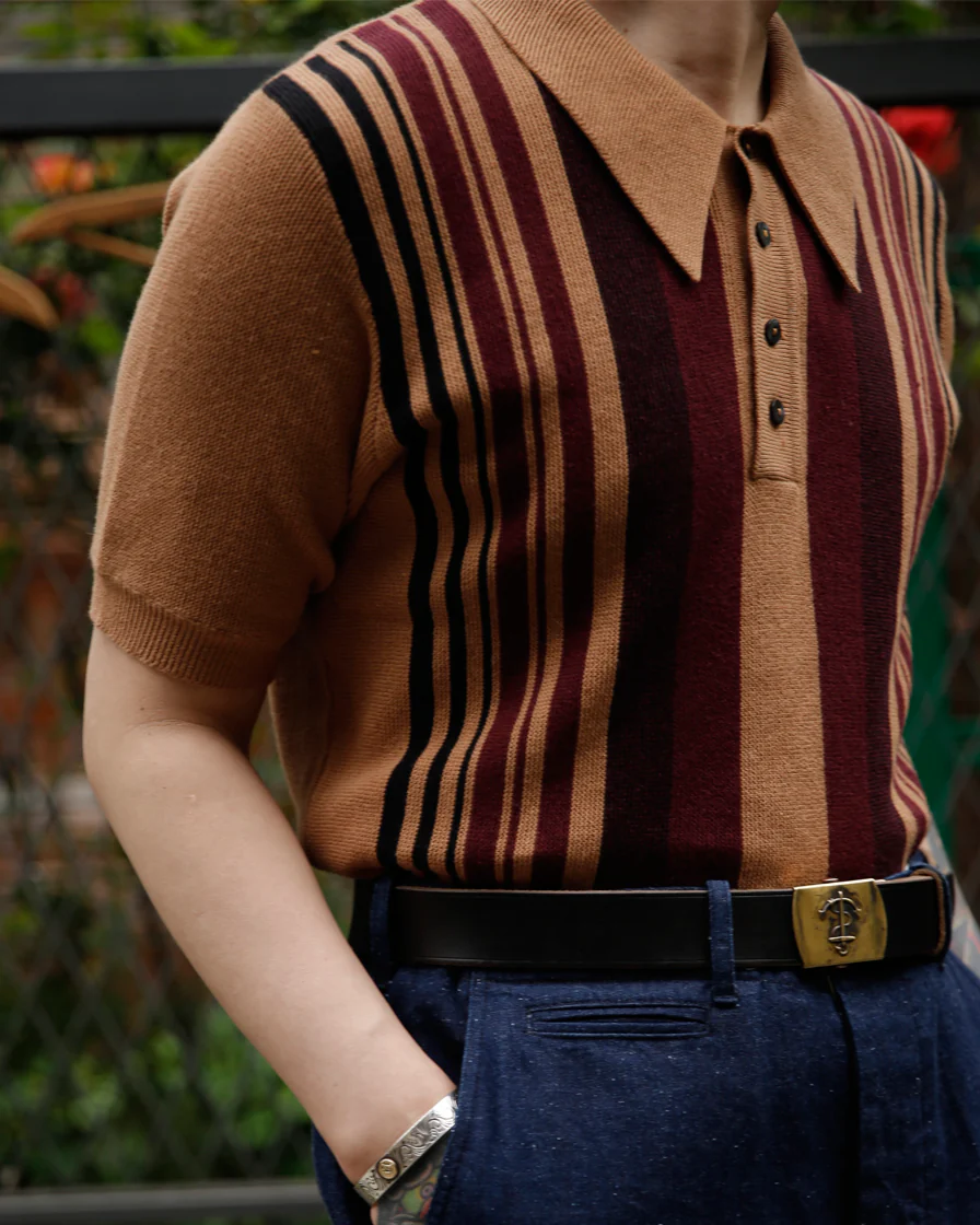 Camel Striped Knit Polo Shirt - Image 4