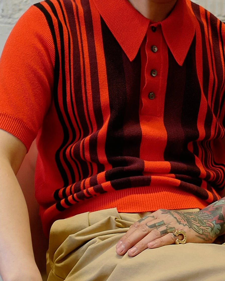 Orange Striped Knit Polo Shirt - Image 3