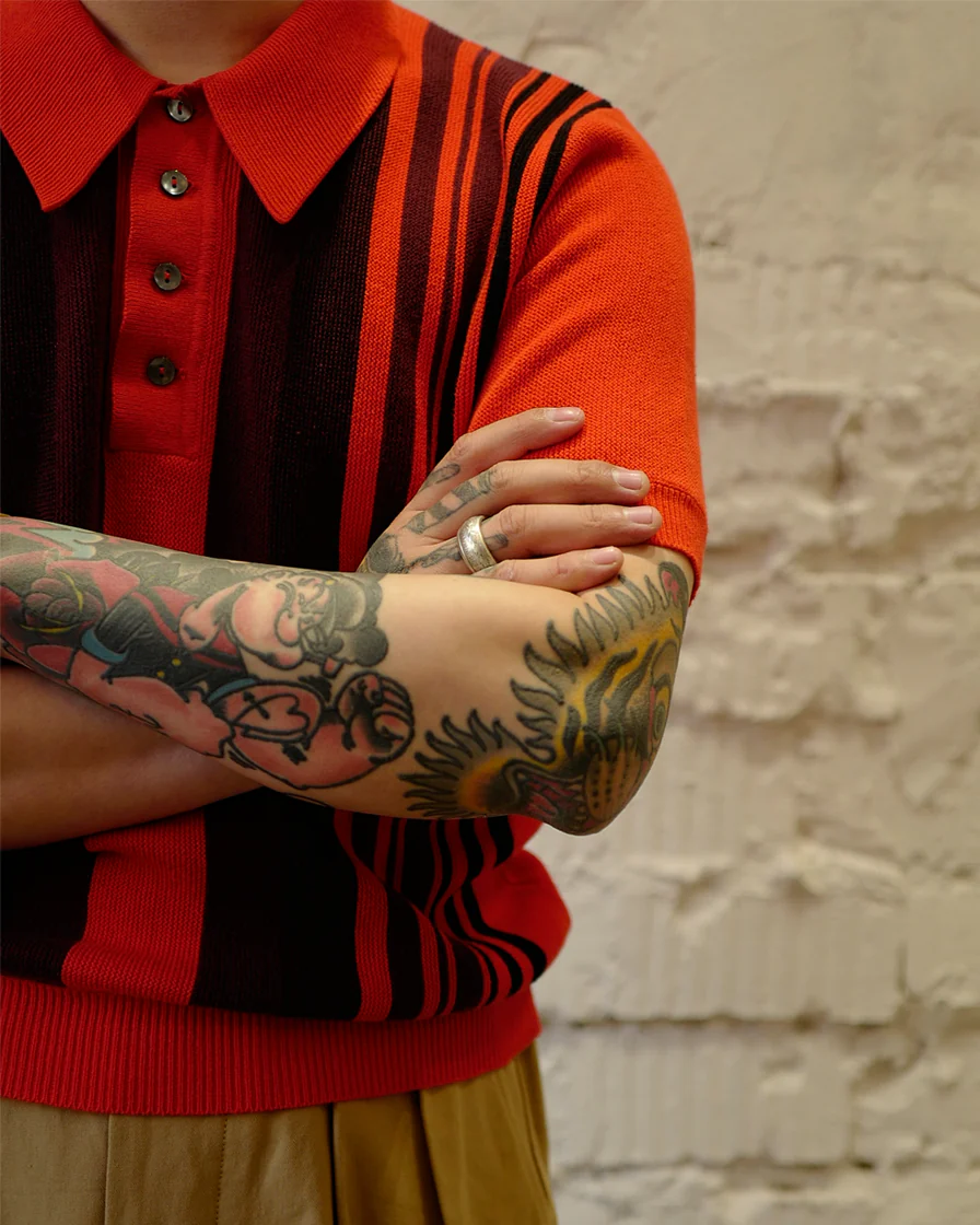 Orange Striped Knit Polo Shirt - Image 4