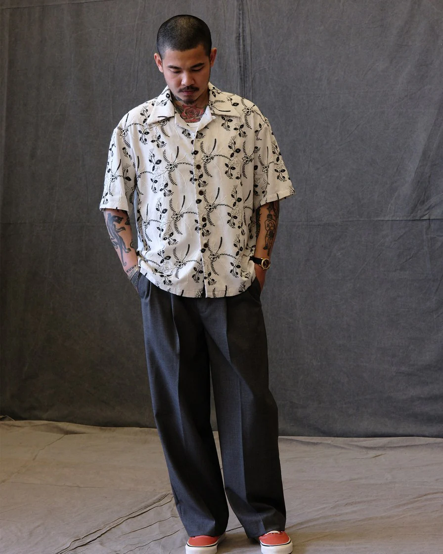 Wheat Embroidered Cuban Collar Shirt – White Cotton