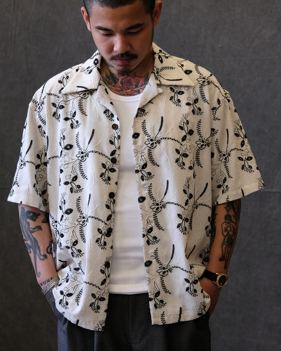 Wheat Embroidered Cuban Collar Shirt – White Cotton - Image 2